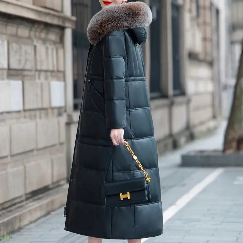 2025 Fashion Leather Parkas Women's Winter Cotton-padded Coat X-long Overcoat Hooded Fur Collar Outerwear Streetwear PU Jackets