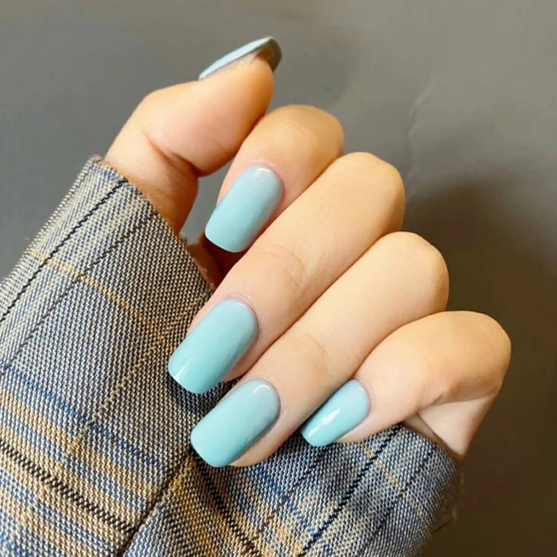 24pcs Glossy Demitint Series Medium Square Press On Nails  Solid Color False Nails With Jelly Sticker Reusable Fake Nails
