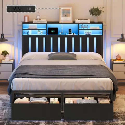 Full Size Bed Frame with Headboard, Charging Station, 2 Drawers, LED Lights, No Box Spring