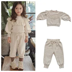 2024 Spring New Korean Kids Girls Cute Lace Ruffles Balloon Sleeve Sweatshirt and Pants Outfits Set Children's Clothes