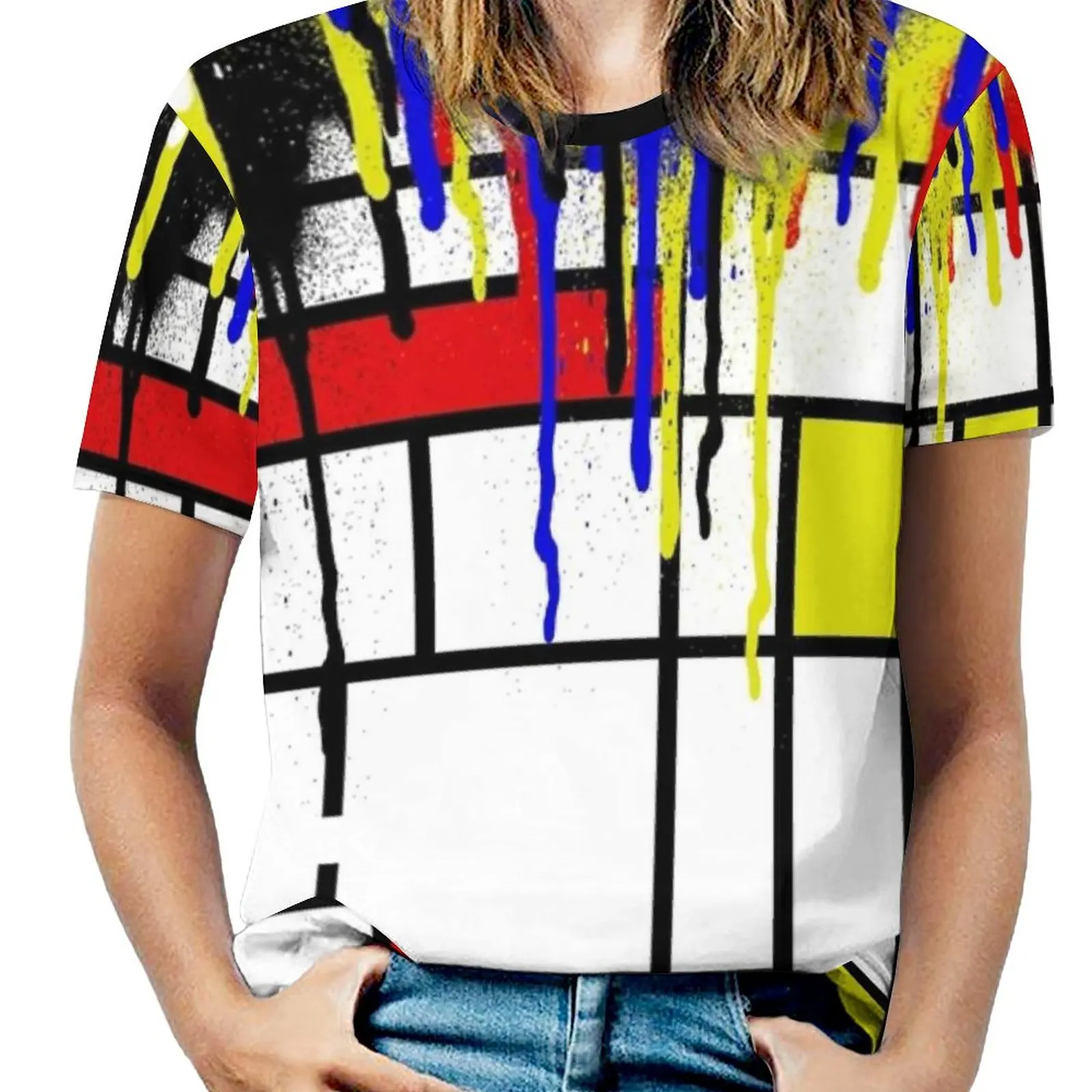 Mondrian Fashion Print Women Ladies Girls T-Shirt Harajuku Round Neck Short Sleeve Tops & Tees