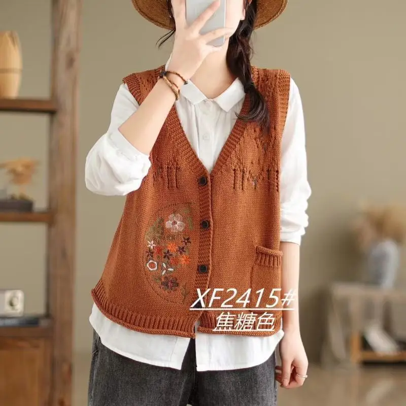 Spring New Artistic Embroidery Knitted Shirt Top Women\'s Short Cotton Thread Vest Loose V-neck Jacket Coat