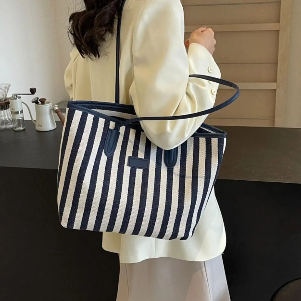 

Large Capacity Stripe Canvas Tote Bag Korean Style Multi-function Shoulder Bag Crossbody Bag Zipper Shopping Handbag Travel