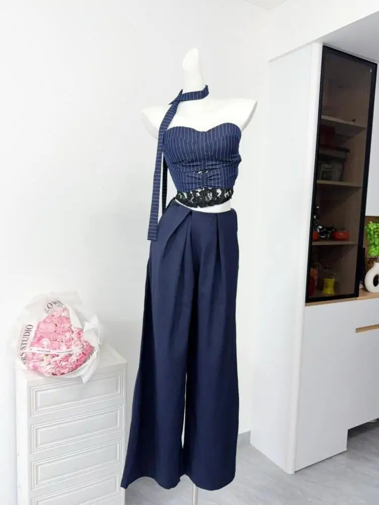 Atasan Tanpa Tali Tanpa Lengan Seksi Ramping Renda Tambal Sulam Bergaris Biru Wanita Musim Panas dan Celana Panjang Kaki Lebar Pinggang Tinggi Set Dua Potong 2025