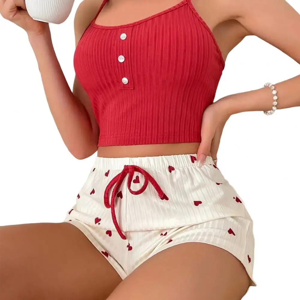 Summer Loungewear Stylish 3-piece Women\'s Pajama Set Lace Strap Camisole Heart Print Shorts Wide Leg Pants for Comfortable