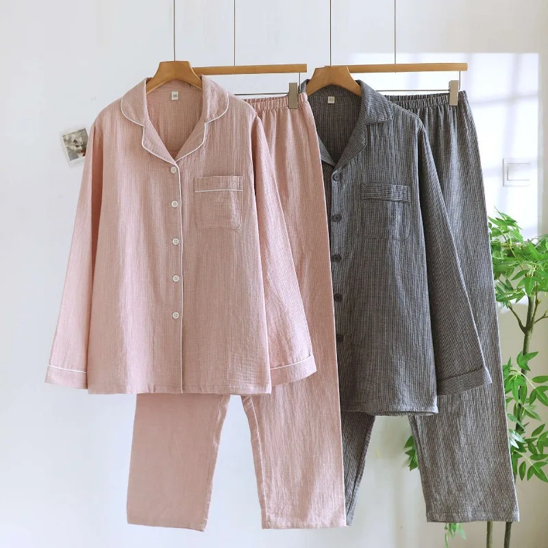 

2025 New Couple Spring and Autumn Pajama Set 100% Cotton Gauze Jacquard Men's and Women's Long Sleeve Checkered Two Piece Set