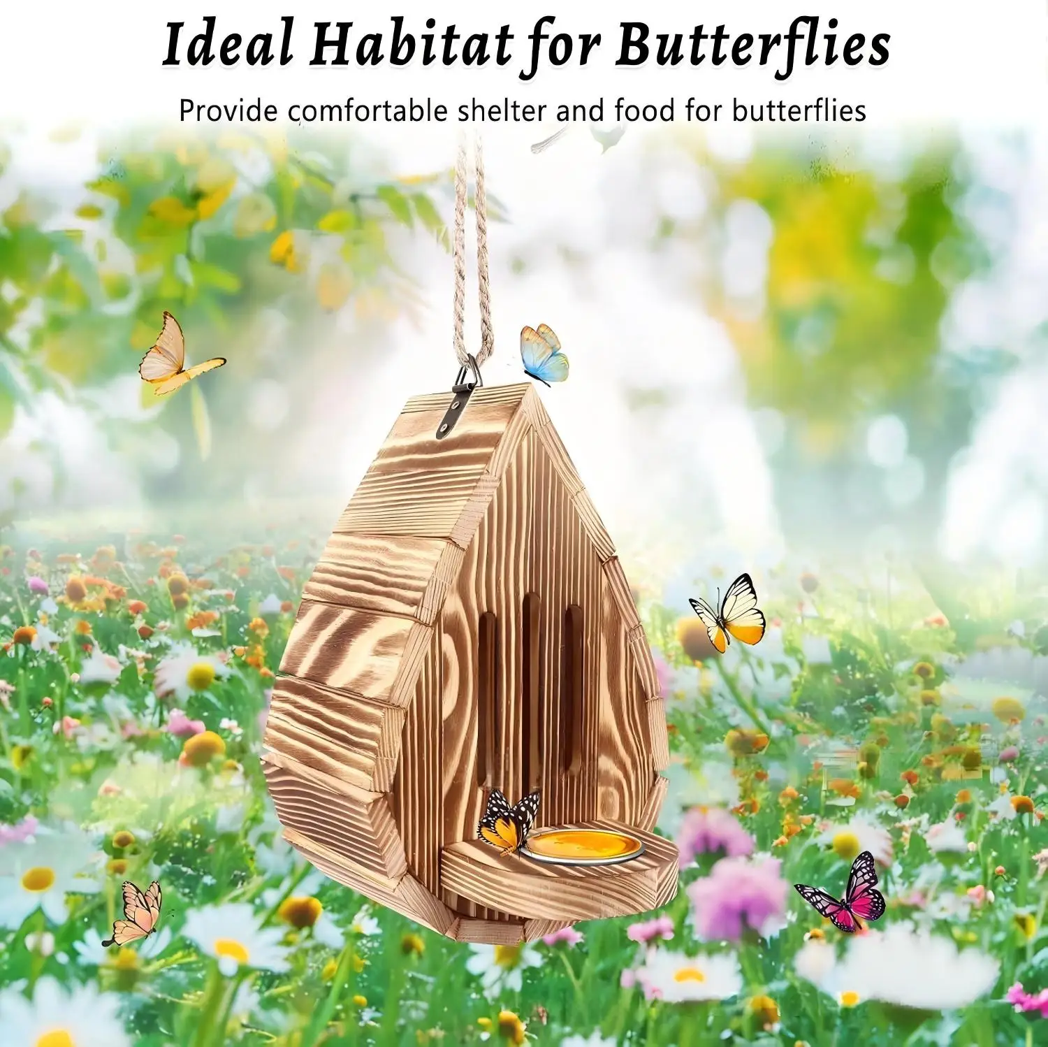 Hanging Wooden Butterfly House With Detachable Feeder Natural Solid Wood Butterfly Shelter Habitat for Outdoor Garden Decor Educ
