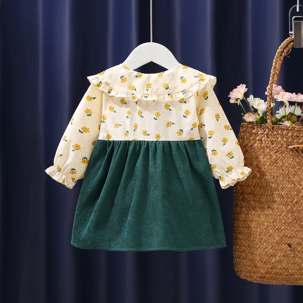 Autumn New Newborn Girls Long Sleeve Dress Cartoon Fragmented Flower Lapel Baby Princess Dress Flower Strap Dress