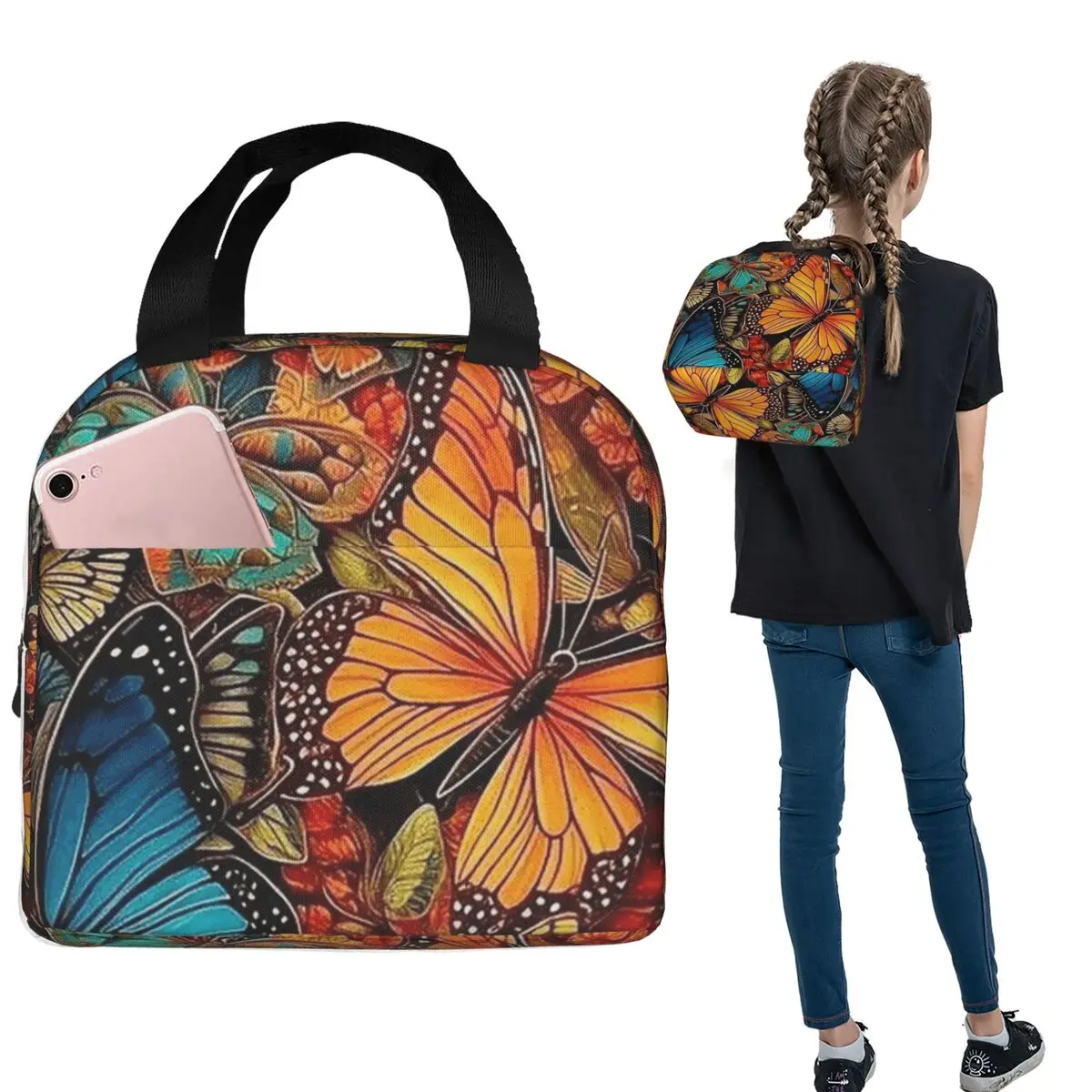 A Butterfly Vintage Pattern Insulated Lunch Bag for Women Kids Leakproof Food Boxes Thermal Lunch Box Tote