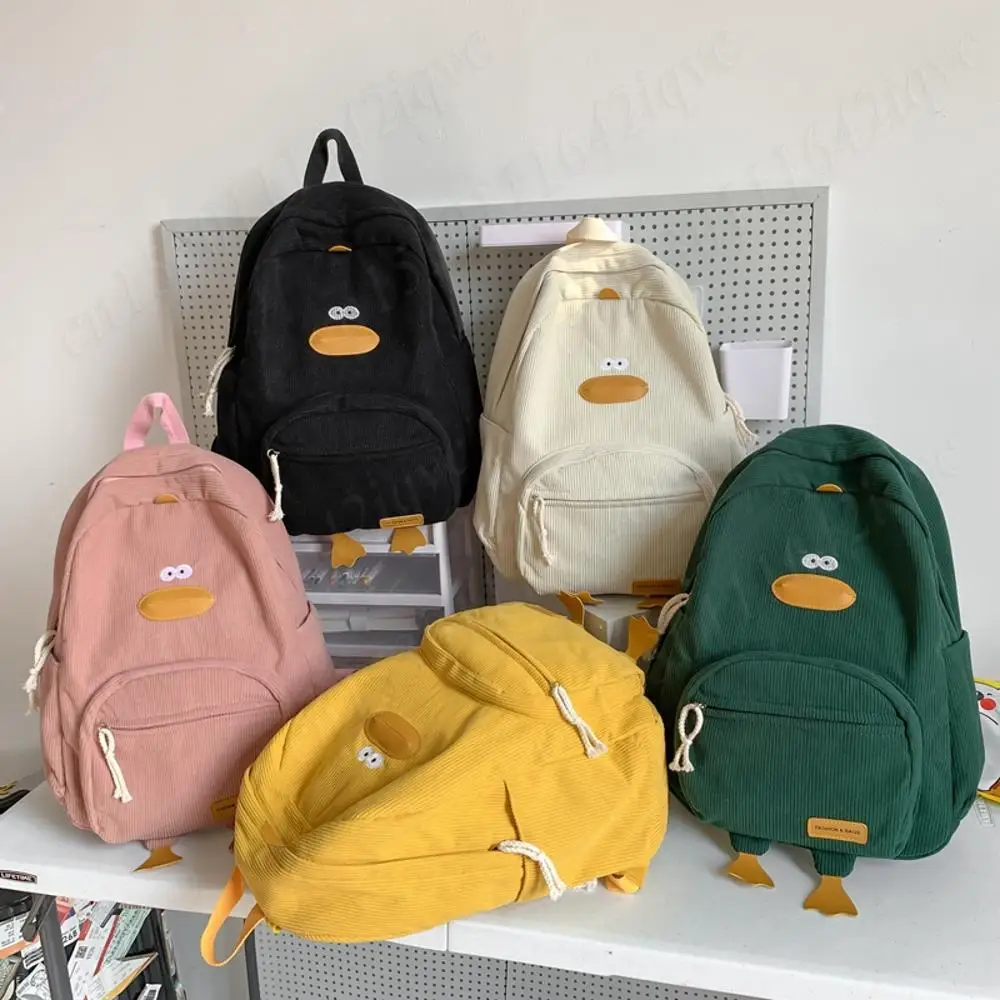 Cute Duck Print Backpack Cartoon Kawaii Corduroy Casual Daypack Lightweight Large Capacity Knapsack Student School Bookbags