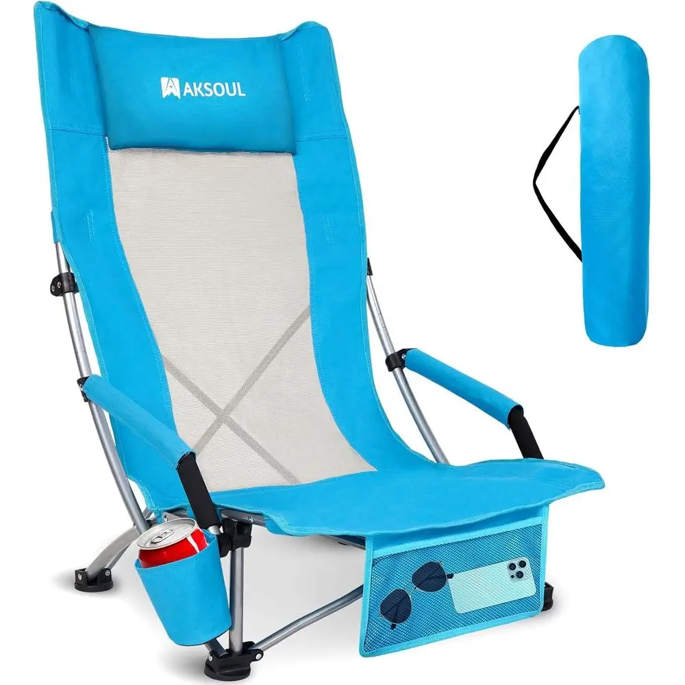 

olding Beach Chair or Adults: Low/High Back Chairs with Carry Bag - Extra Wide Seat Chair with Comortable Pillow & Storage ket (