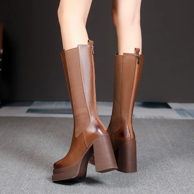 MORAZORA 2022 New Arrive Zipper Winter Knee High Boots Genuine Leather Women Boots Thick High Heels Platform Shoes