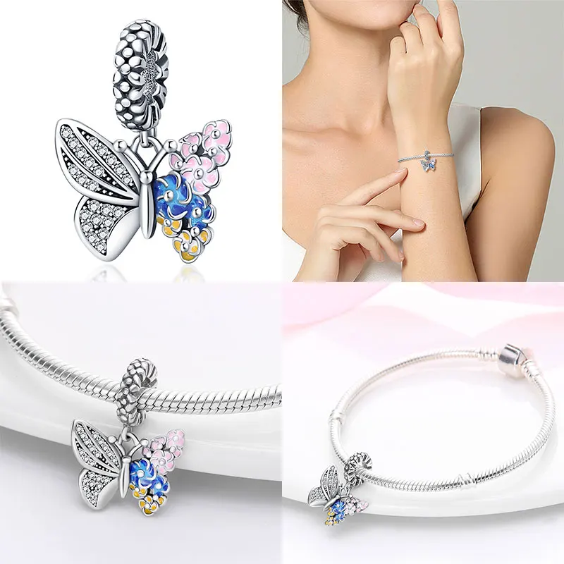 Dijes aptos para pulseras originales Pandora, cuentas de plata 100% 925 con forma de mariposa luminosa, fabricación de joyería DIY para regalo de mujer