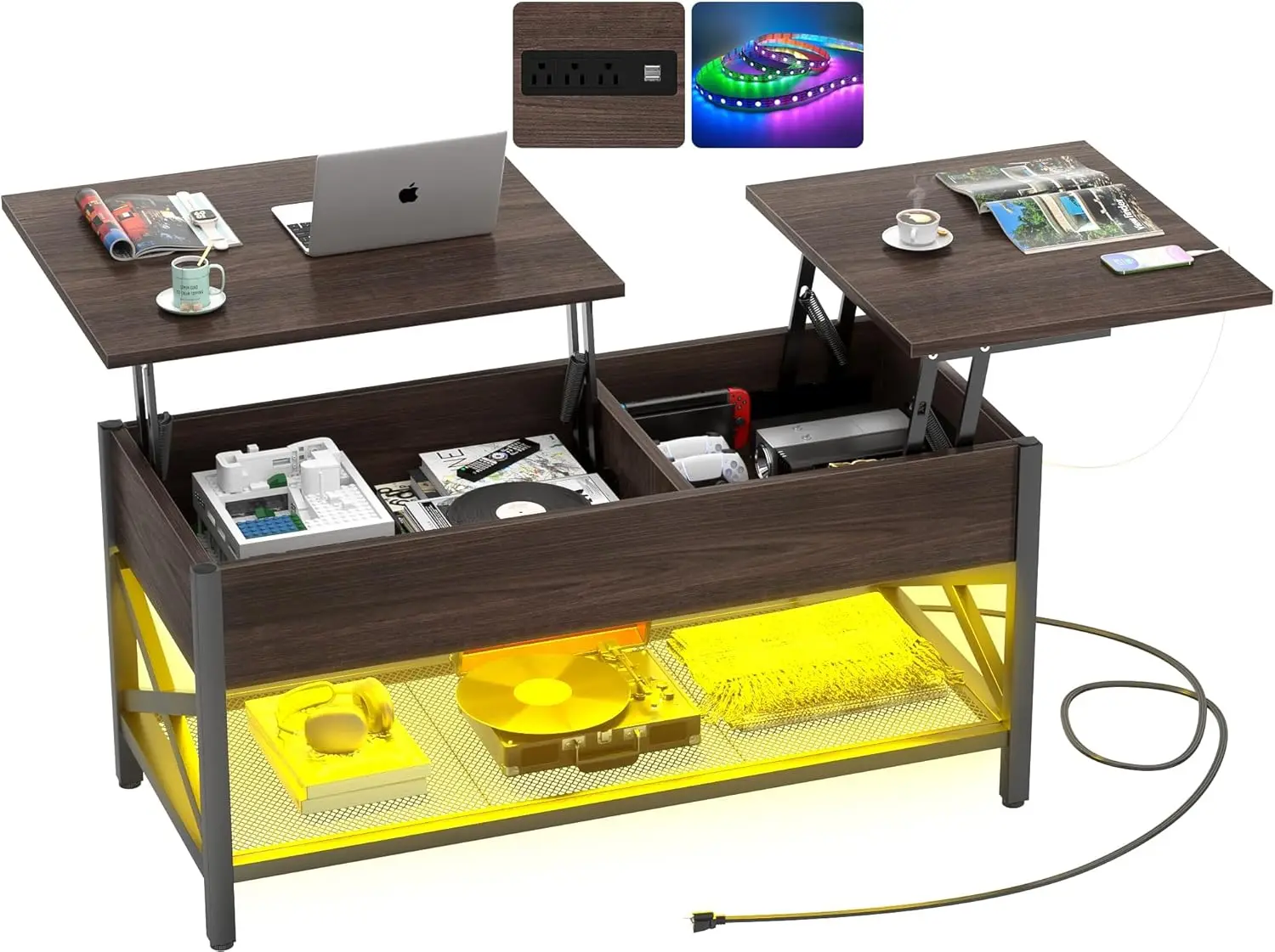 

Журнальный столик с подъемной столешницей, LED-подсветкой и розеткой, современный столик с подъемной столешницей и полкой для хранения, центральный столик для гостиной