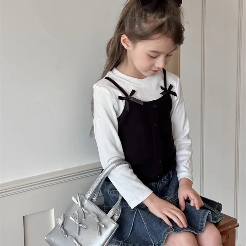 عارضة الكورية نمط كاذبة قطعتين أعلى الأميرة أنيقة طويلة الأكمام تي شيرت القوس قاعدة قميص الزي اليومي