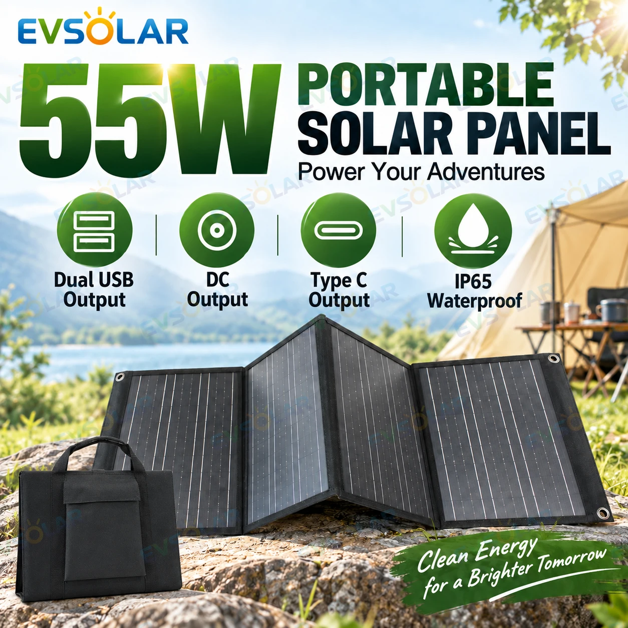 55W Folding Solar Panel Portable Charger with Dual USB DC Type-C Output for Camping Outdoor Use IP65 Waterproof