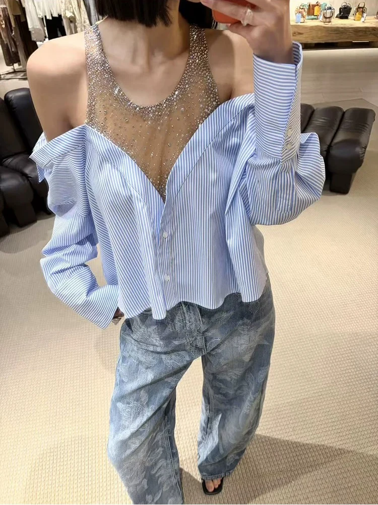 

Women's blouses and shirts, transparent net fabric, sparkling with diamonds. Women's shirt, new style for summer 2026.