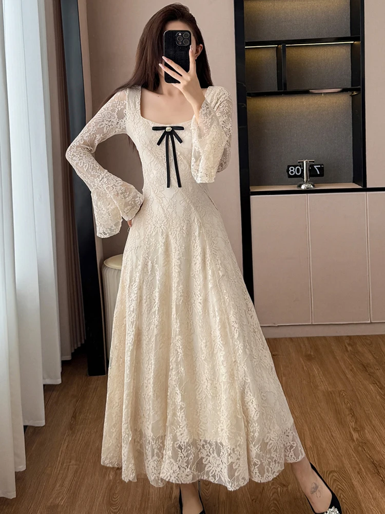 Vintage Temperament Spitze Aushöhlen Prom Kleid Für frauen Frühling Elegante Bogen Quadrat Kragen Flare Hülse Schlank A-Line Midi kleid