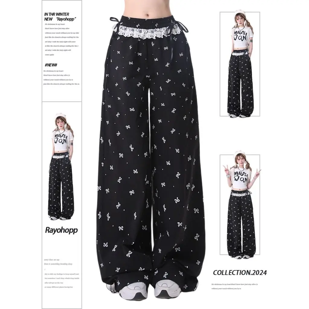 Damskie spodnie z kokardką ze słodką koronką koreańskie Retro Casual modne spodnie patchworkowy wzór letni luźny elastyczny pas prosta nogawka