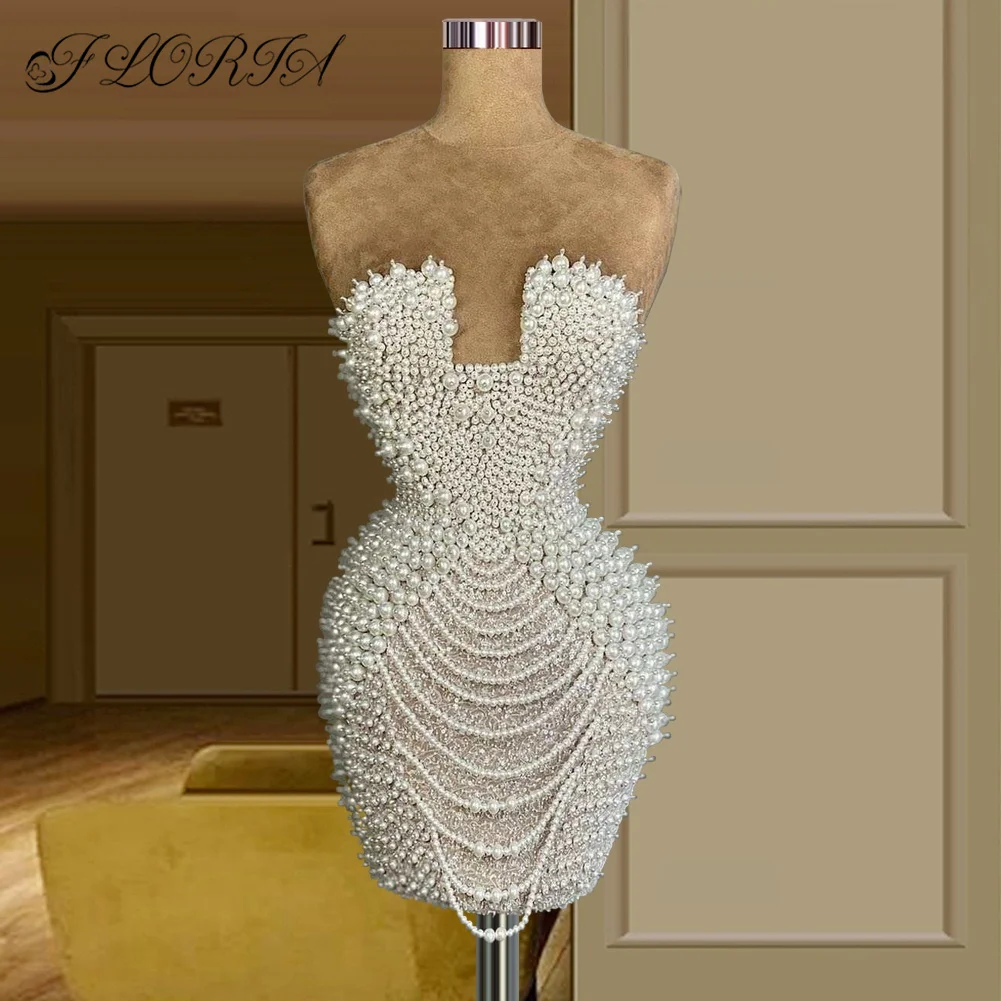 

2022 Luxury Full Pearls Short Prom Dress Haute Couture Strapless Beading Tassel Mermaid Mini Cocktail Gown Party Robe De Soirée