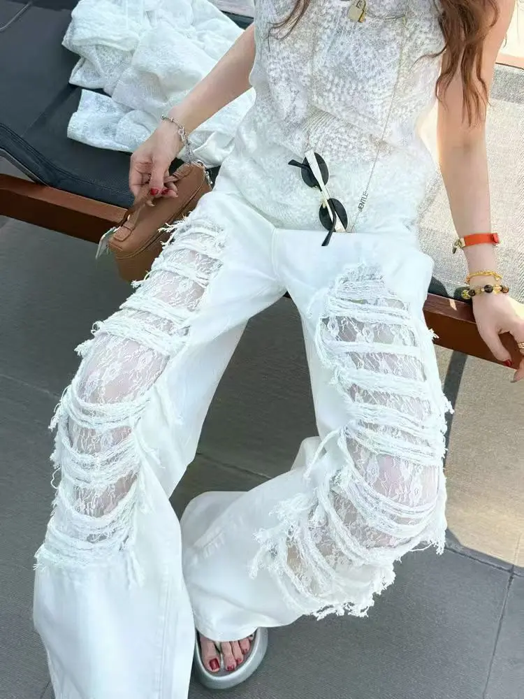 Vintage Harajuku Lace Distressed Jeans Women Wide-leg Jeans Hole High Waist Straight Pants Slim Joker Pants All-match Trendy New