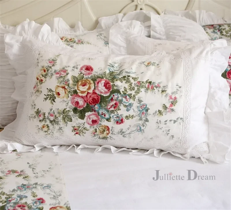 2 pieces White Satin Lace ruffle pillow case European style elegant embroidered pillowcase luxury bedding pillow cover