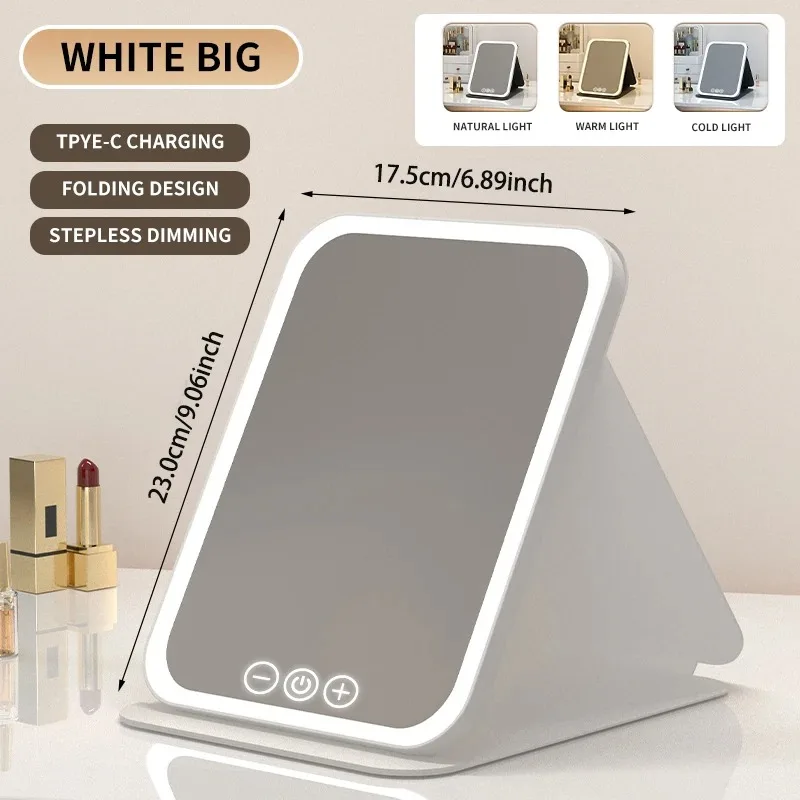 HPH 3 Kleuren Make-up Spiegel LED Kapspiegel met Touchscreen, USB Oplaadbaar, Dimbare Helderheid, Draagbare Opvouwbare Tafelspiegel