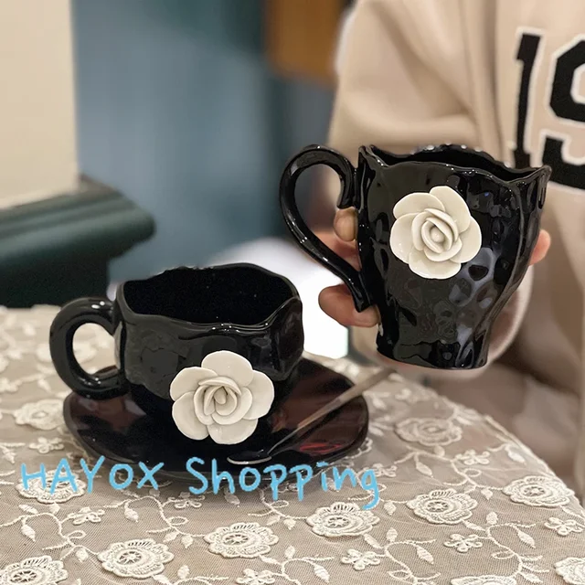 Ceramiczne kubki do kawy French Camellia, 3D biała róża śniadanie kubek do mleka, zestaw filiżanek do kawy spodek wysokiej jakości naczynia kuchenne do napojów