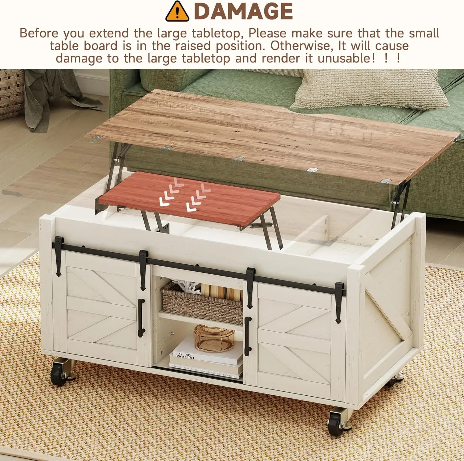 Mesa de centro rústica branca de fazenda de 40" - Mesa superior elevatória bilateral quadrada com porta deslizante de celeiro e grande armazenamento oculto