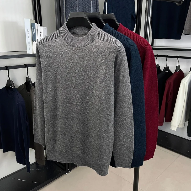 

Мужской повседневный фактурный вязаный свитер с высоким воротником, осенне-зимний, шерстяной, с длинными рукавами, теплый, модный, с ромбовидным узором