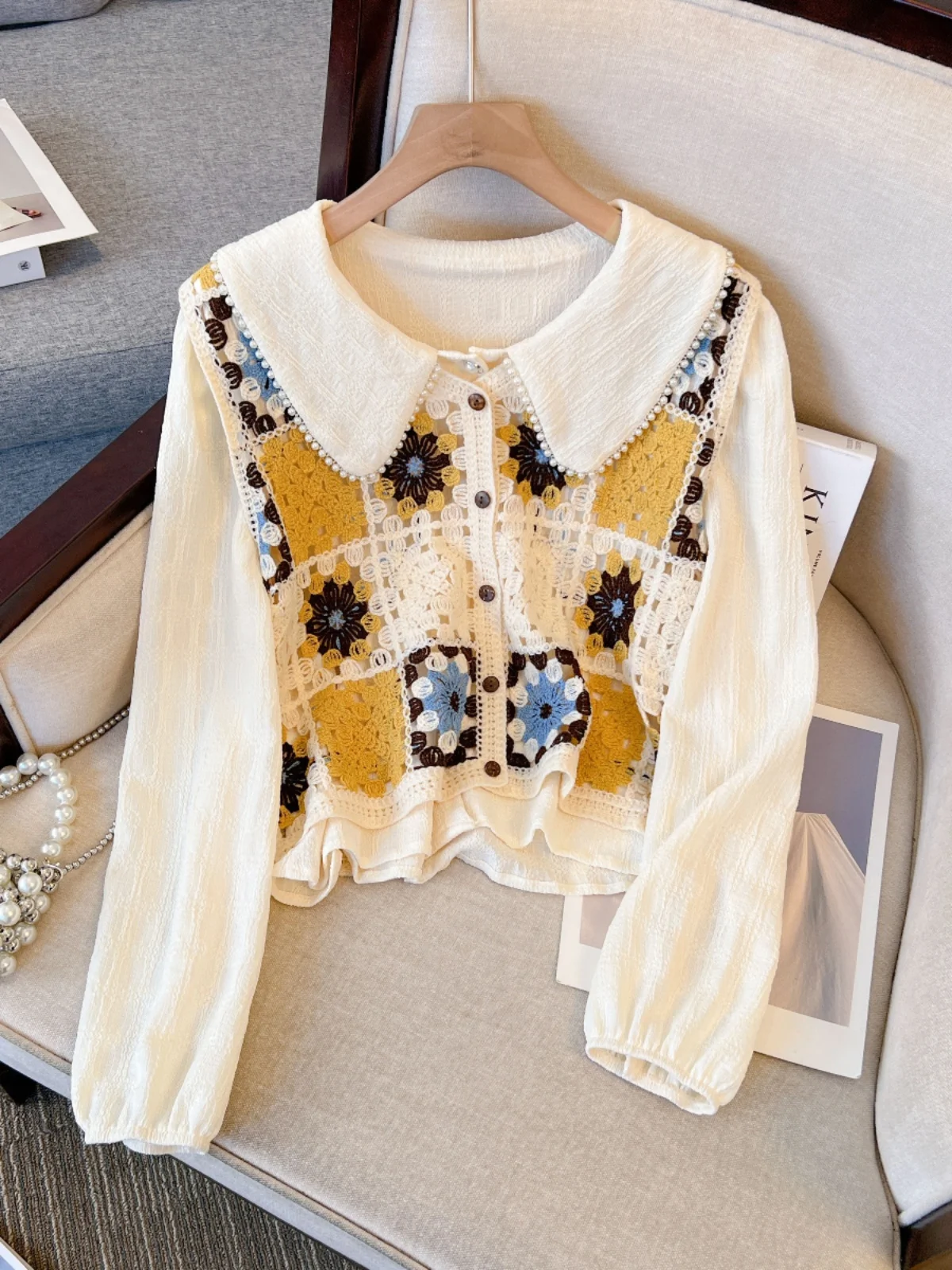 Ethnic Embroidered Hollow out Short Knitted Vest Retro Color Block Women's 2025 Outerwear Layering Thin Open Cardigan Trendy