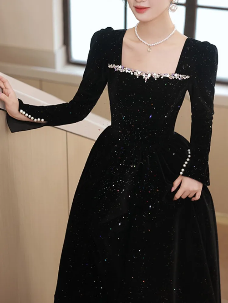 Customized Velvet Palace Style Beading Wedding Party Vestidos Square Collar Long Sleeve Simple Prom Dresses Simple Gentle Evenin