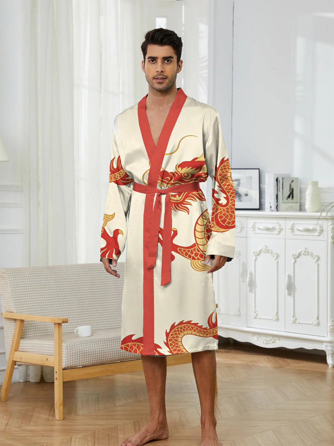 Men's Digital Printed Spring and Autumn Thin Style Quick Drying Long Sleeved Summer Air-Conditioned Pajamas Bathrobe