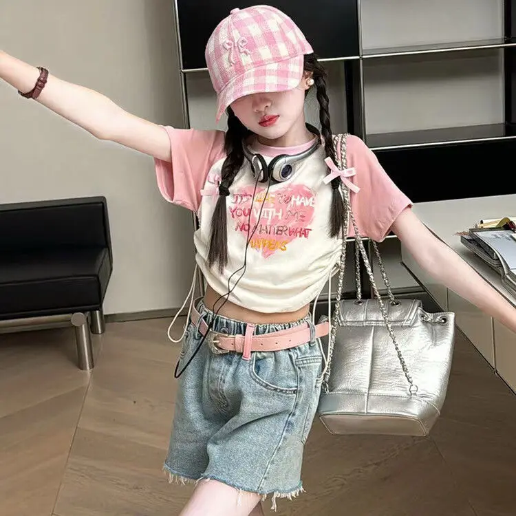 New Baby Girls Summer Fashion Teenage Black Pink  Sets,    Love Pattern T-shirt + Shorts    Princess Cute  Suits   5-12T