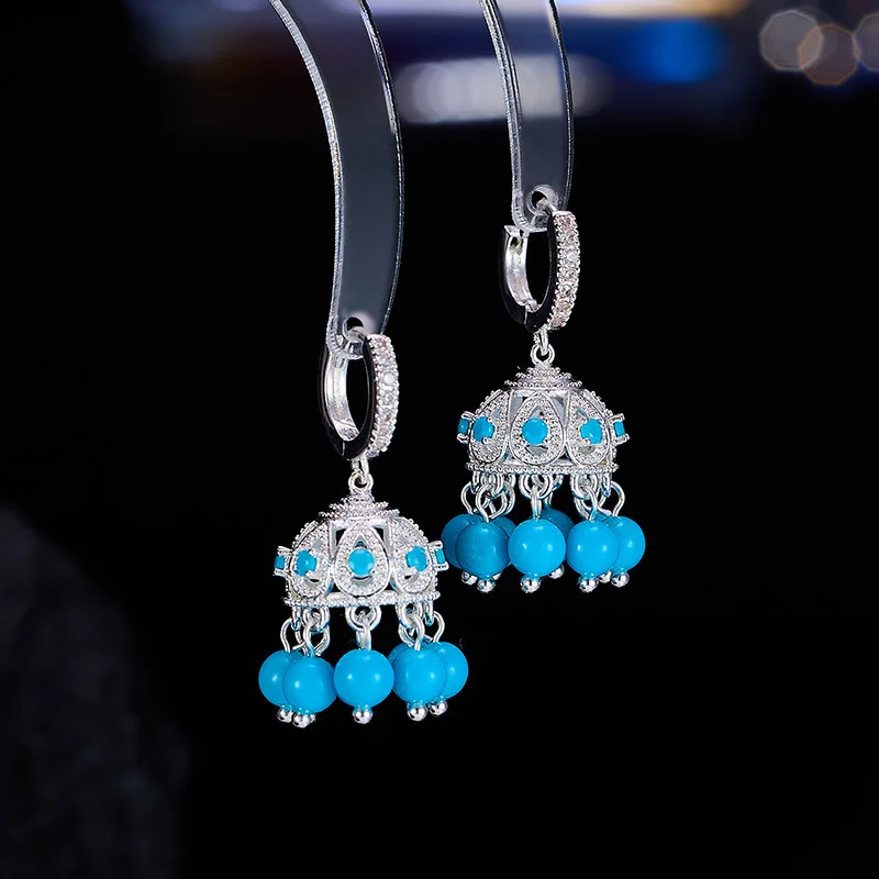 

Fashion Blue Tassel Wind Chime Earrings Vintage Pearl Bells Earrings Zircon Jewelry Accessory LYH141
