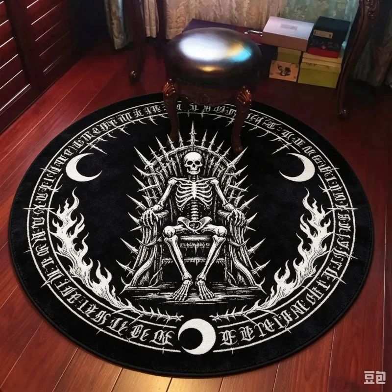 Skeleton On Spiky Throne Gothic Round Rug, Moon Flame Occult Printed Circular Floor Mat, Indoor Home Decor