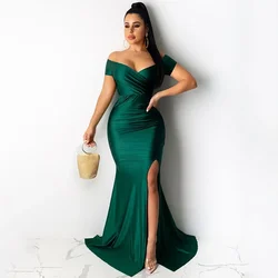 Sexy Off the Shoulder V-neck Mermaid Evening Dresses for Women Elegant Night Party Club Split Ruched Formal Prom Long Dress Robe