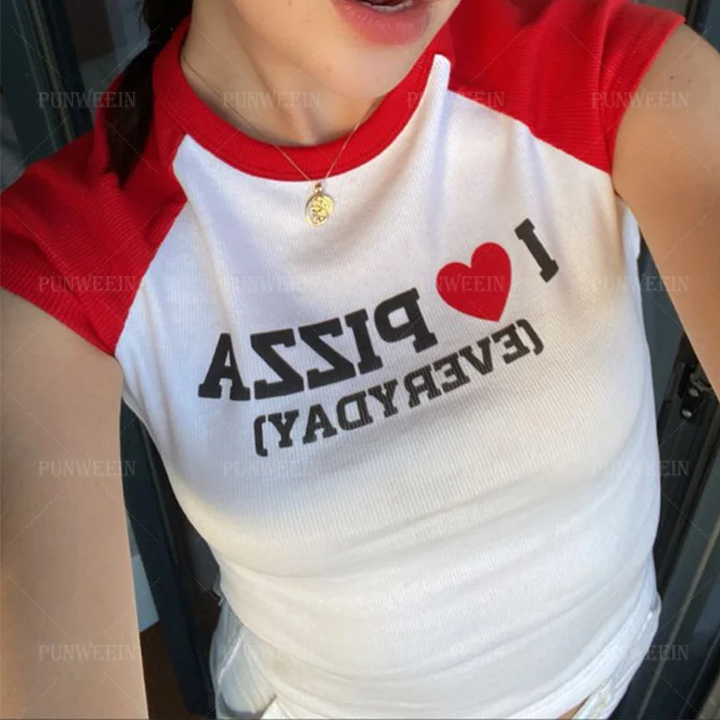 여성용 빈티지 스트리트 Y2K 의류 크롭탑, i love 피자 프린트 베이비 티, Emo 반팔, 빨간 티셔츠, 섹시한 미국 스트리트웨어