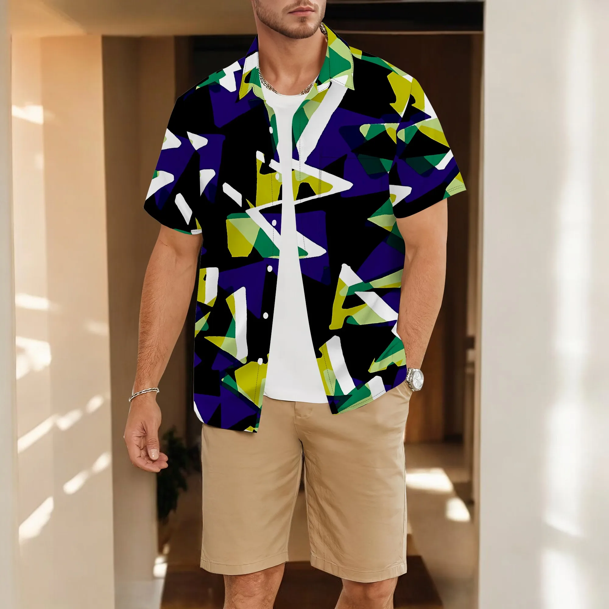 YEAE Camicia con stampa patchwork geometrica per uomo Top estivo casual a maniche corte