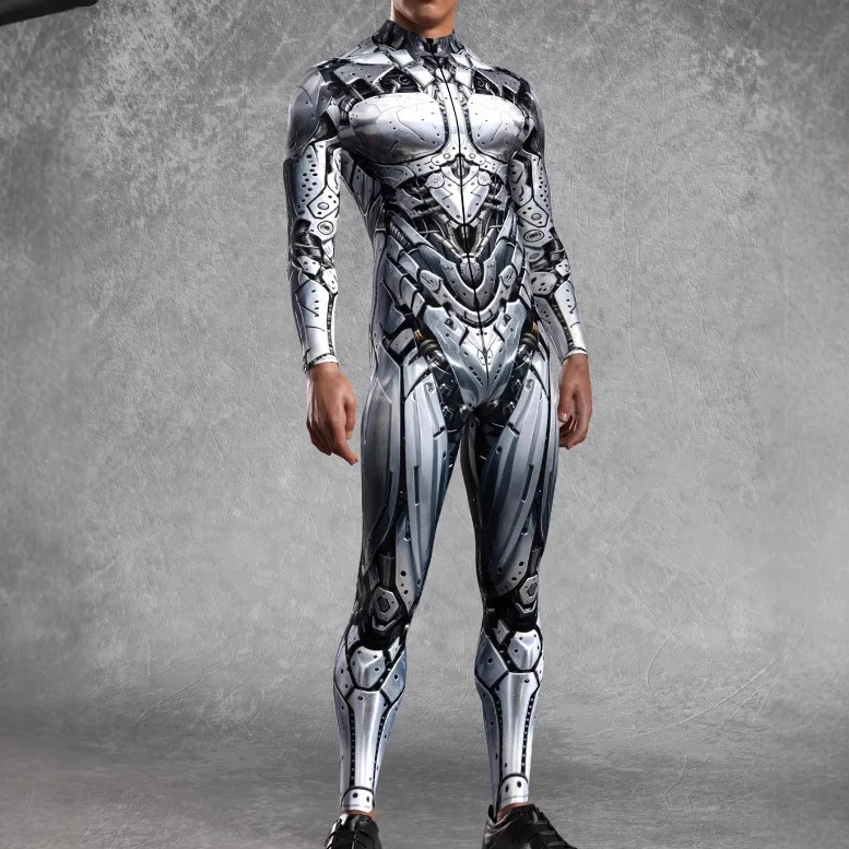 Men 3D Print Cyber Jumpsuit Carnival Male Mechanical Armor Bodysuit Halloween Party Stage Performance Cosplay Costume Tights