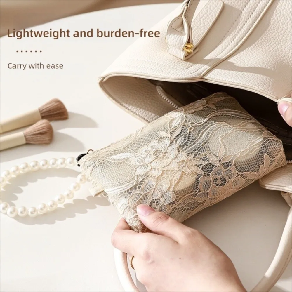 Creative Portable Lace Cosmetic Pouch Multifunctional with Imitation Pearl Chain Makeup Bag Wallet Travel Organizer