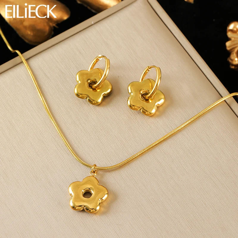 

EILIECK 316L Stainless Steel Metal Flower Necklace Earrings Set For Women Fashion Party 18K Gold-Plated Jewelry Set Jewelry