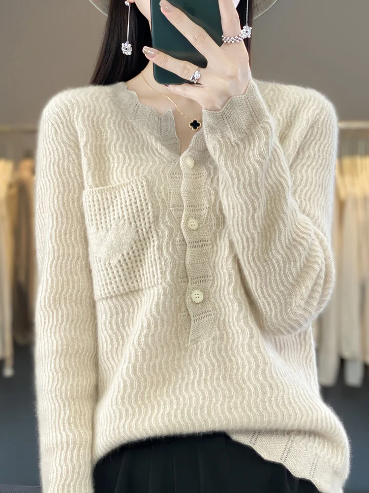 Women's Sweater Hollow Out O-neck Pullover 100% Merino Wool Knitwear Lace Collar Vintage Pocket Cashmere Spring Autumn Clothes