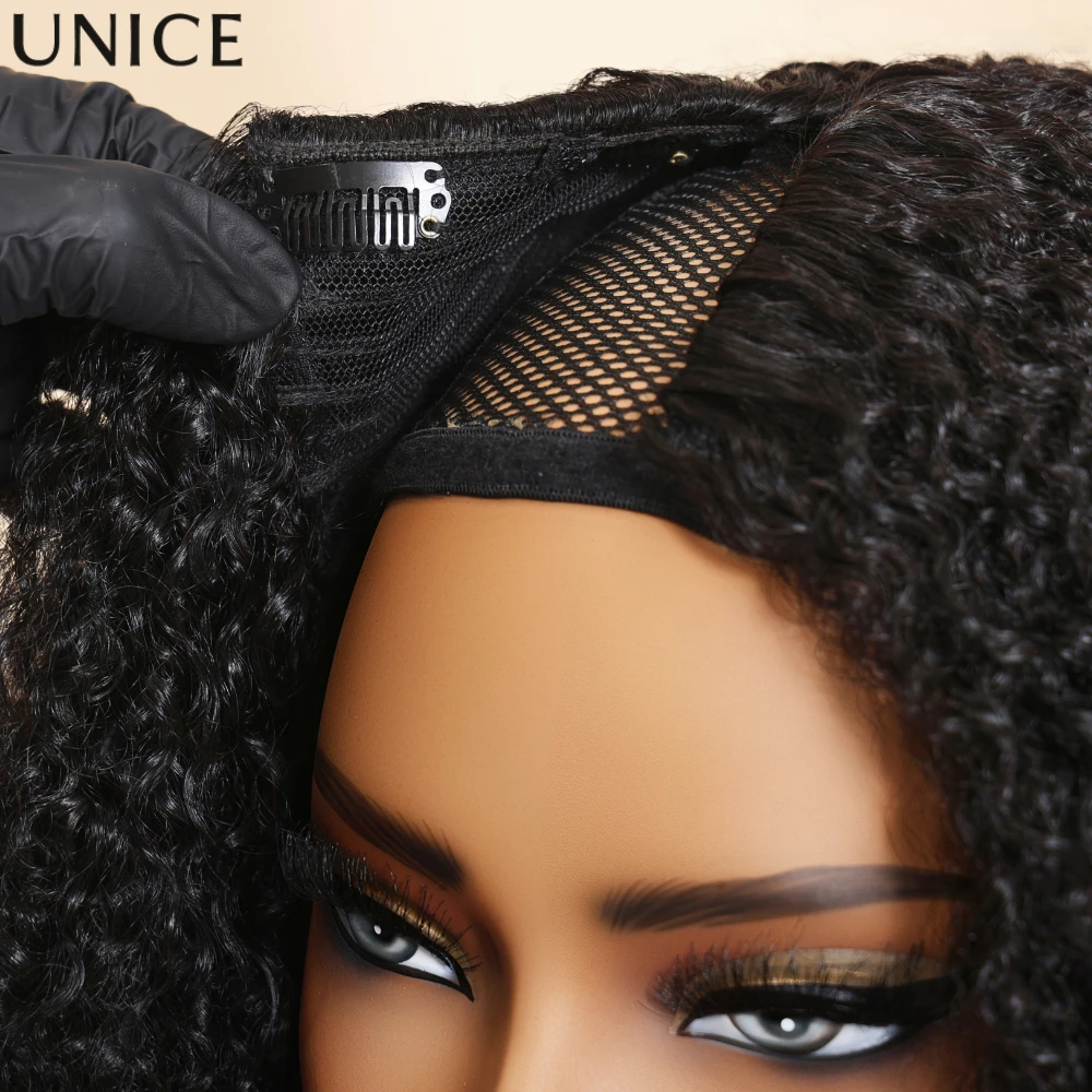 UNice Finger Coil Ends Afro Kinky Curly V Part Wig 180% Density Small Head Friendly Clip-In Human Hair Wigs No Leave-out