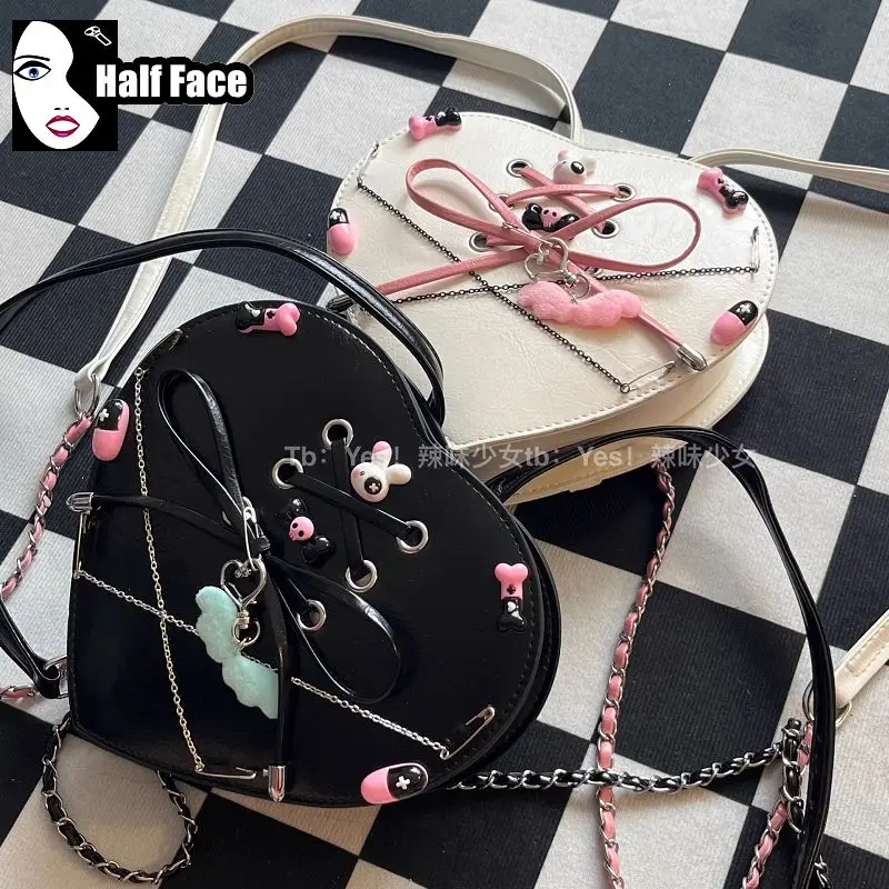 Y2K ragazze piccanti Harajuku Gothic Punk Bow chain Two Shoulder women's Rabbit Lolita Mini Crossbody Heart Style zaino borse Tote