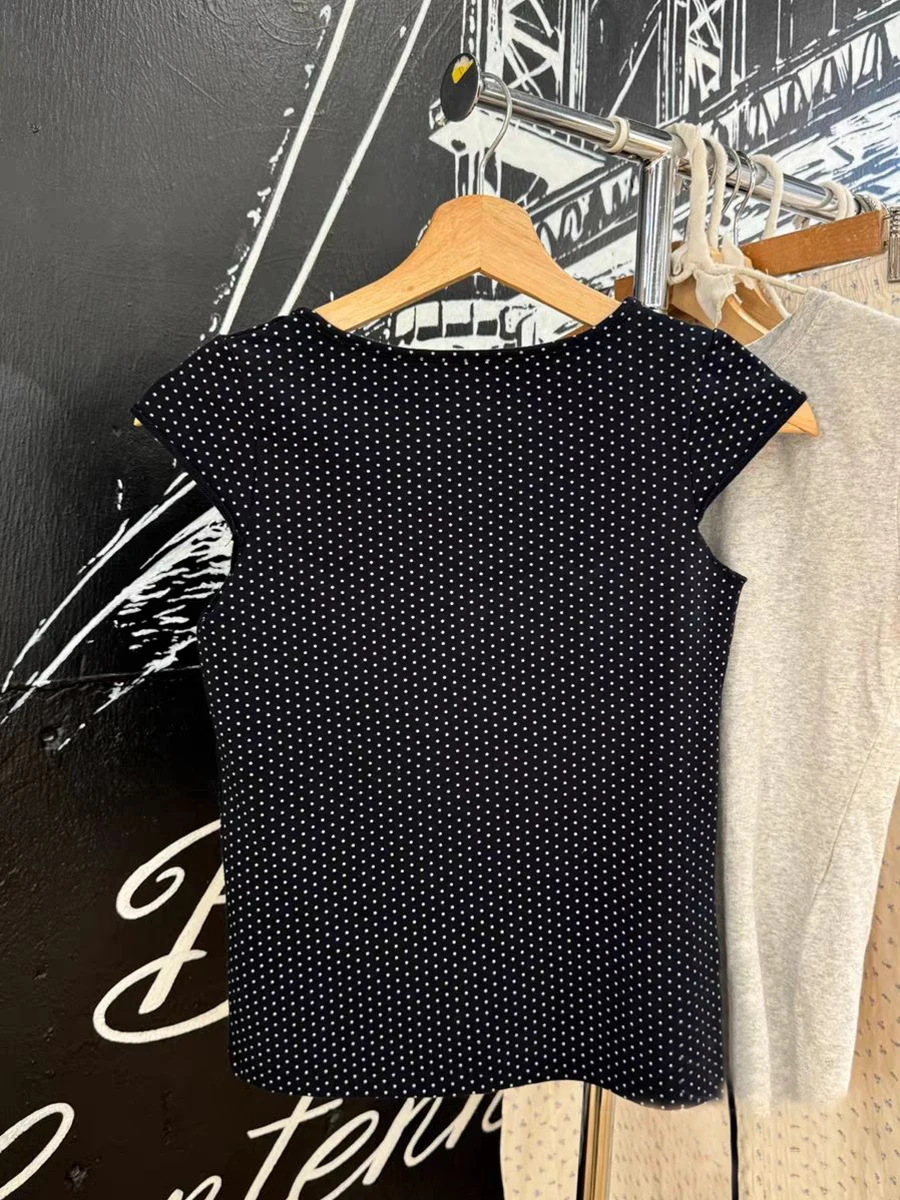 Camiseta ajustada sin mangas de lunares para mujer, camisetas sexis de algodón negro con cuello cuadrado, ropa de calle bonita de estilo Preppy, Top corto Y2k