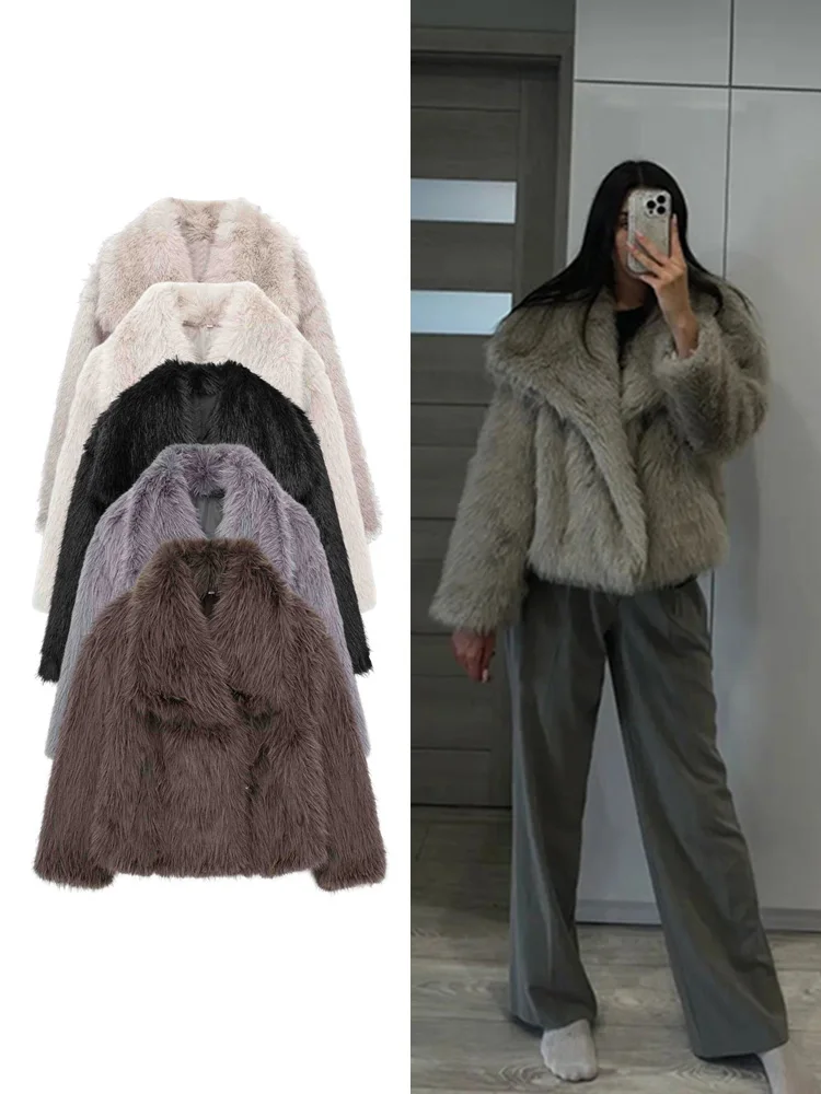 TRAF New Fashion Faux Fur Effect Long Sleeve Short Jacket Women's Lapel Concealed Button Trim Design Loose Coat New Women's