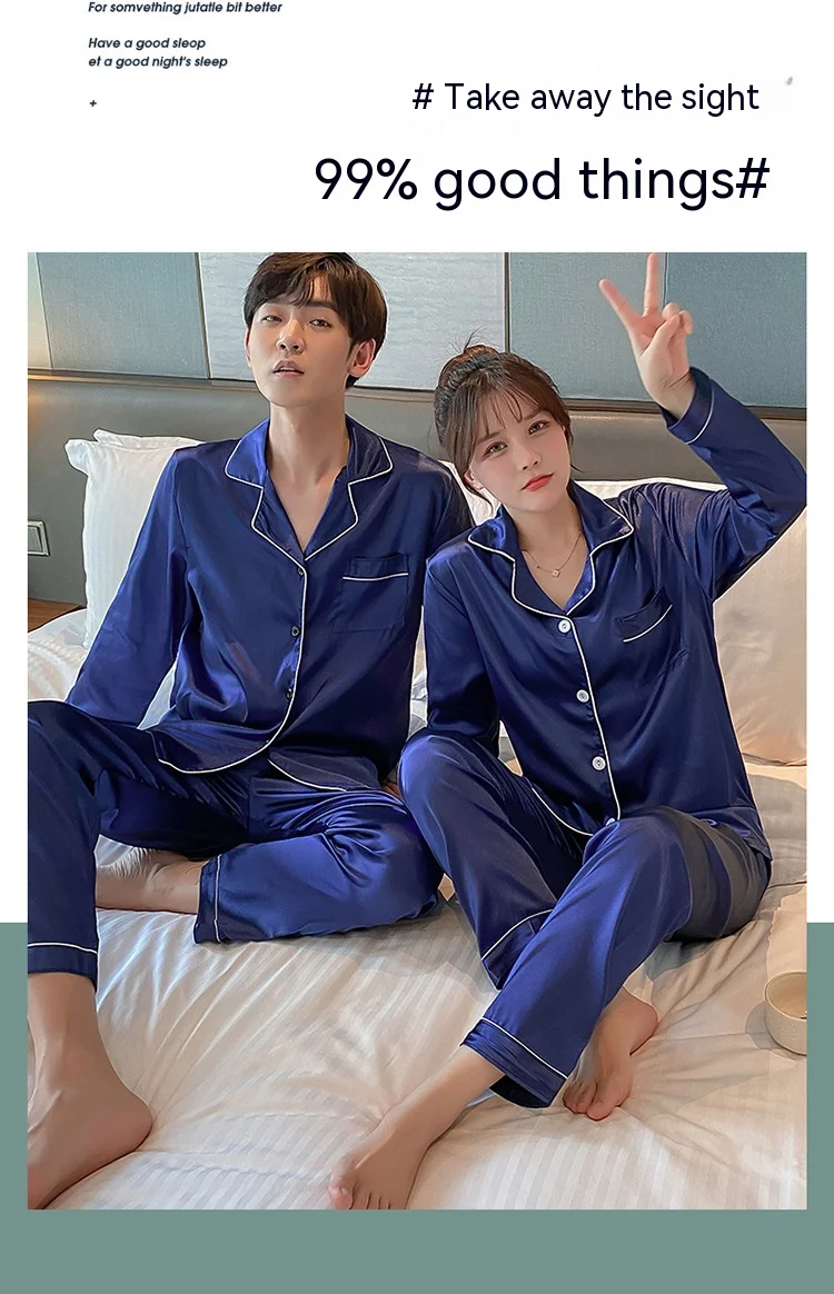 Couple New Pajamas Ladies Artificial Silk Thin Men\'s Lapels Long Sleeves Trousers Spring Autumn Summer Loungewear Ice Valentine\'