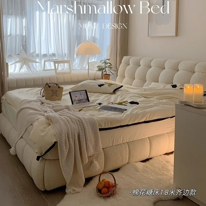 

New girls master bedroom cream wind modern bed double technology fleece marshmallow puff lamb fleece bed wood