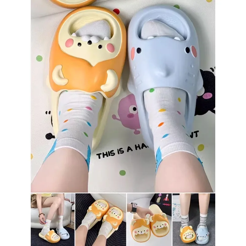 

Left Lion Right Shark Cute Cartoon Slippers Female Summer Home Thick Bottom Silent Couple Home Cool Tug Male